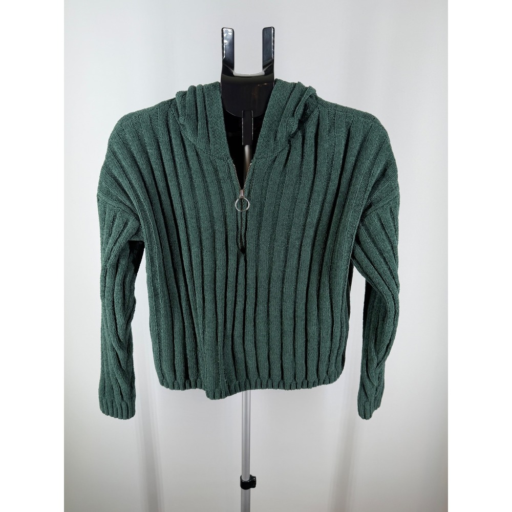 Pink Republic Womens Forest Green Ribbed Quarter Zip Hooded Sweater Size M